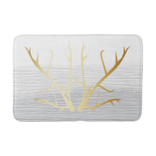 Rustic Gold Antlers on White & Gray Faded Texture Bathroom Mat