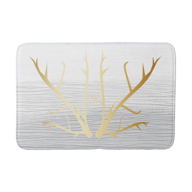 Rustic Gold Antlers on White & Gray Faded Texture Bathroom Mat (Front)