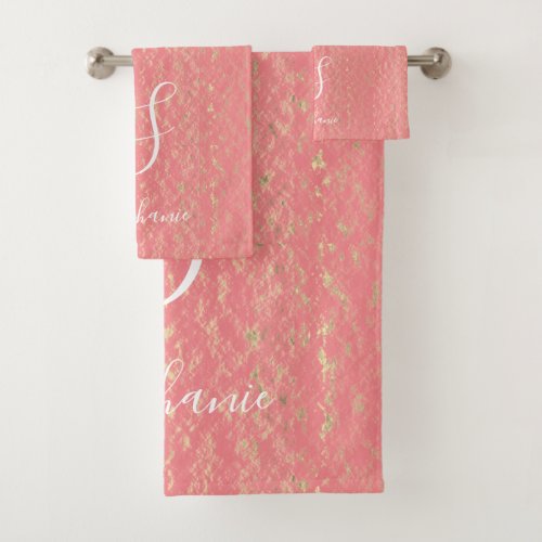 Rustic Gold Artsy Patterns Monograms Salmon Pink Bath Towel Set
