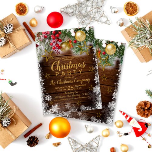 Rustic Gold Baubles Berries Stars Christmas Invitation