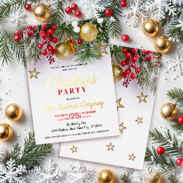 Rustic Gold Baubles & Gold Stars Christmas Party Foil Invitation