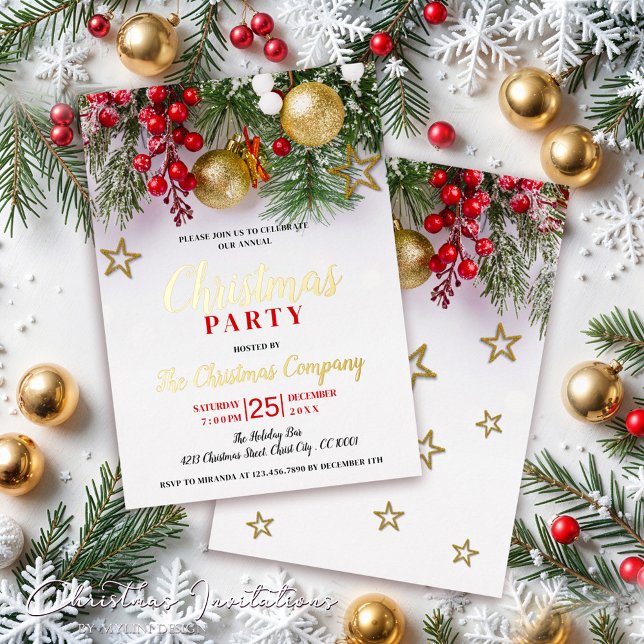Rustic Gold Baubles & Gold Stars Christmas Party Foil Invitation (Creator Uploaded)