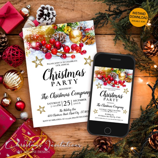 Rustic Gold Baubles Holly Berries Christmas Party Invitation (Creator Uploaded)