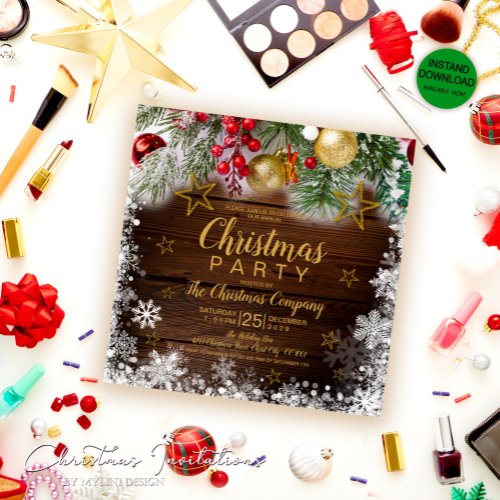 Rustic Gold Baubles Holly Berries Christmas Party Invitation