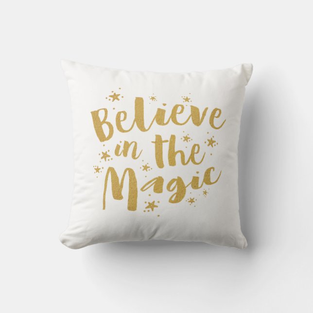 Rustic Gold Believe In The Magic Holiday Christmas Throw Pillow (Front)