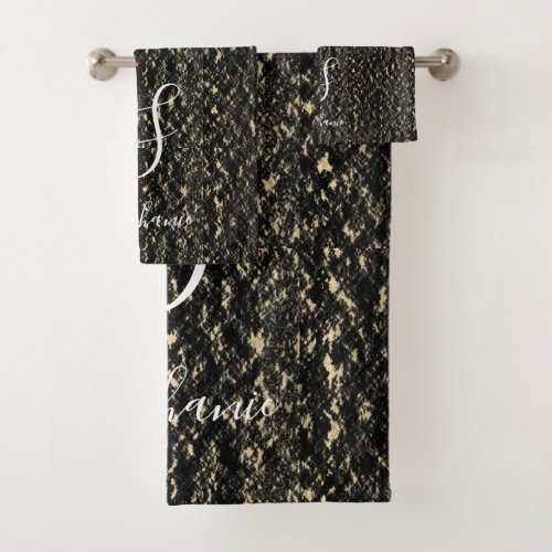 Rustic Gold Black Artsy Patterns Monogram Initials Bath Towel Set