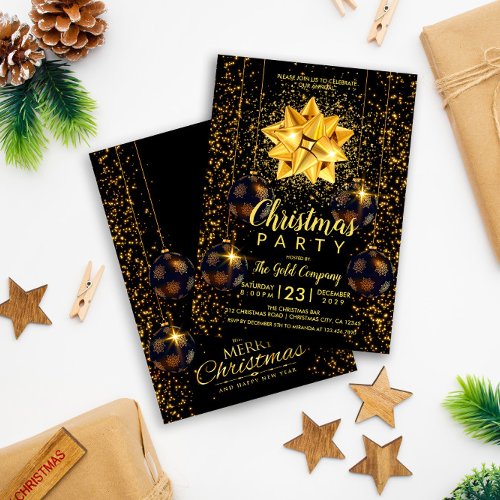 Rustic Gold Black Christmas Party Invitation