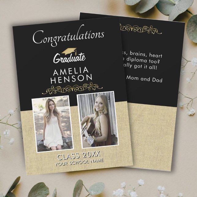 Rustic Gold Black Graduate 2 Photo Graduation Card (Creator Uploaded)