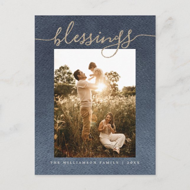 Rustic Gold Blessings Dark Blue Christmas Holiday (Front)
