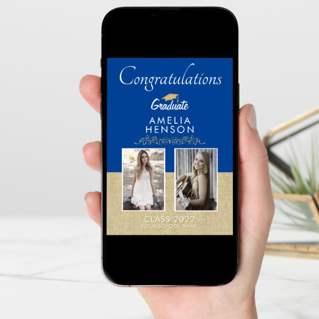 Rustic Gold Blue 2023 Graduate 2 Photo Graduation Card (Front Digital)