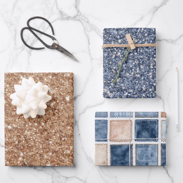 Rustic Gold Blue Glitter Faux Denim Birthday Wrapping Paper Sheets (Front)