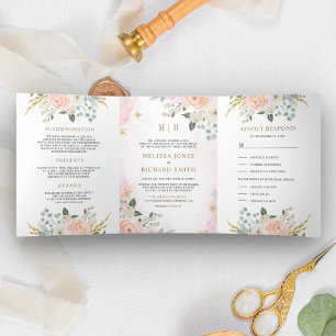 Rustic Gold Blush Pink Floral All in One Wedding Tri-Fold Invitation