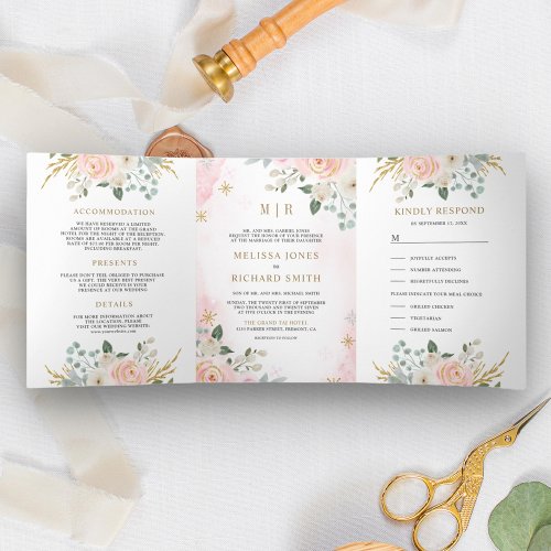 Rustic Gold Blush Pink Floral All in One Wedding Tri_Fold Invitation