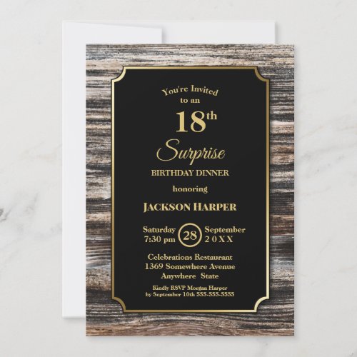 Rustic Gold Border Wood Surprise 18th Birthday Invitation