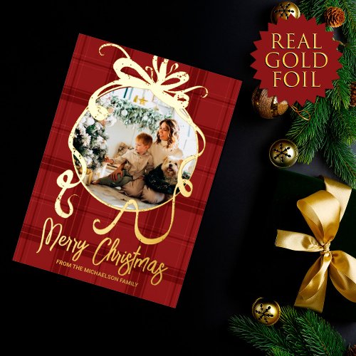 Rustic Gold Bow Family Photo Foil Holiday Card