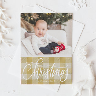 Rustic Gold Buffalo Plaid Merry Christmas Photo Holiday Card