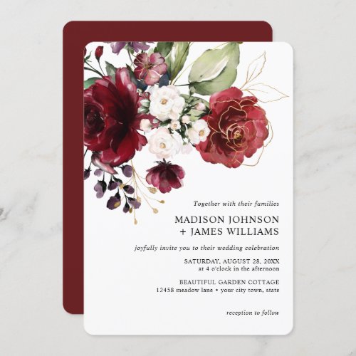 Rustic Gold Burgundy Wine Blush Floral Wedding Invitation