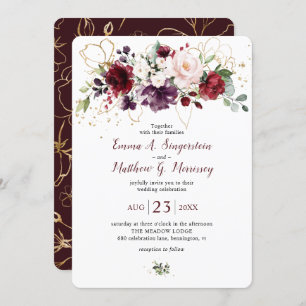 Rustic Gold Burgundy Wine Blush Floral Wedding Invitation