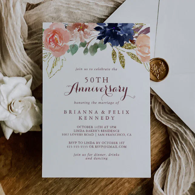 Rustic Gold Calligraphy 50th Wedding Anniversary Invitation | Zazzle