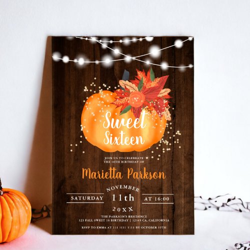 Rustic gold chic floral wood lights fall Sweet 16 Invitation