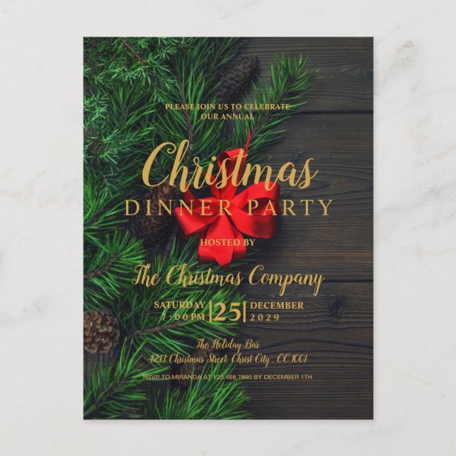 Rustic Gold Christmas Dinner Party Invitation Postcard (Front)