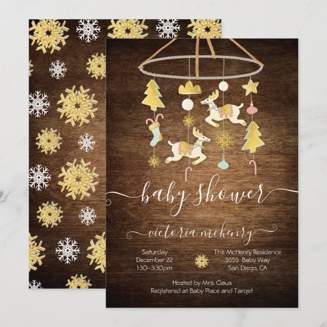 Rustic Gold Christmas Holiday Mobile Baby Shower Invitation (Front/Back)