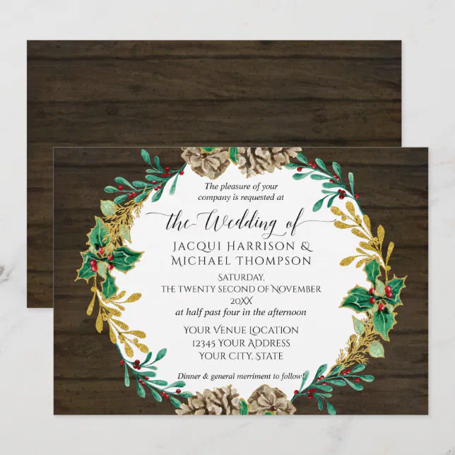 Rustic Gold Christmas Pine Cone Greenery Wedding Invitation | Zazzle