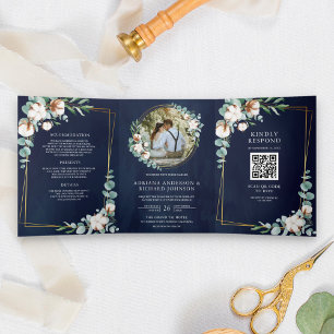 Rustic Gold Cotton Eucalyptus QR Code Navy Wedding Tri-Fold Invitation