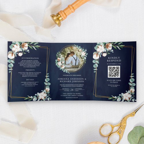 Rustic Gold Cotton Eucalyptus QR Code Navy Wedding Tri_Fold Invitation