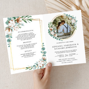 Rustic Gold Cotton Eucalyptus QR Code Wedding Invitation