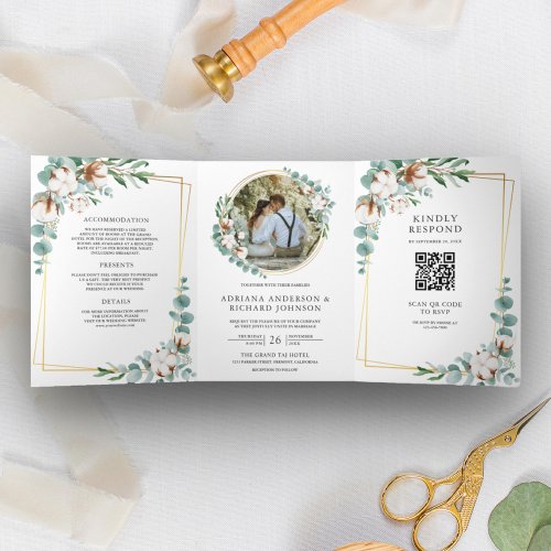Rustic Gold Cotton Eucalyptus QR Code Wedding Tri_Fold Invitation