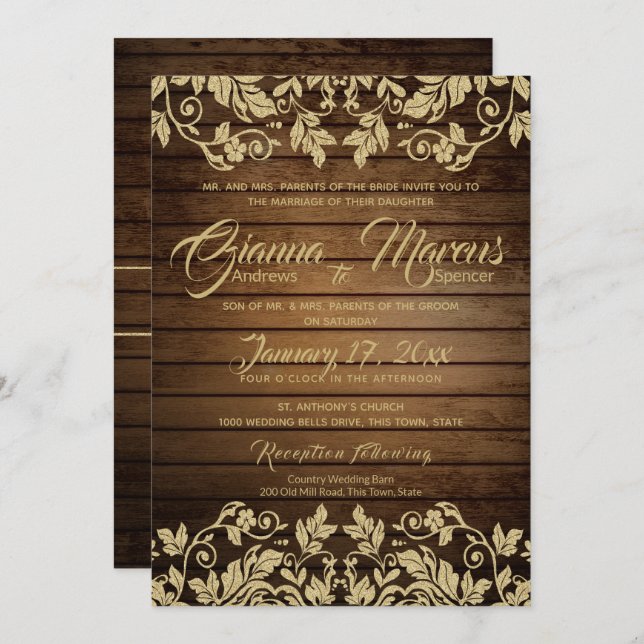 Rustic Gold Damask and Barn Wood Wedding Invitation (Front/Back)
