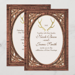 Rustic Gold Deer Antlers Two Tone Wood Invitation