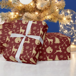 Rustic Gold Deer Christmas Pattern on Red Wrapping Paper