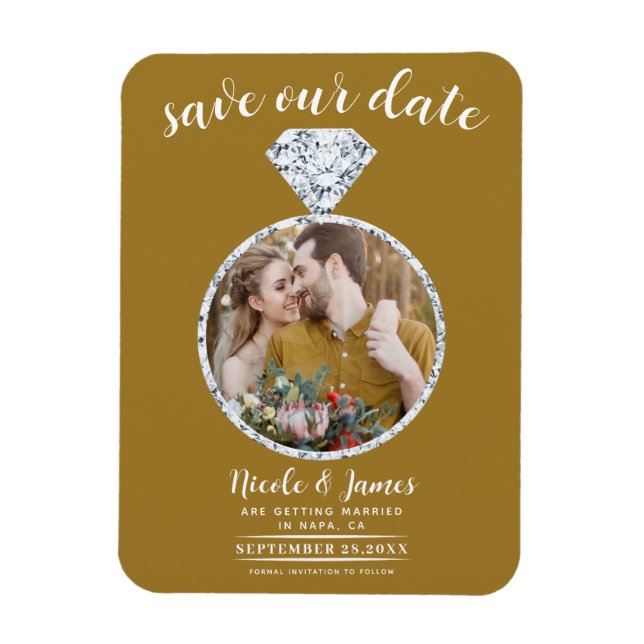 Rustic Gold Diamond Ring Bling Photo Save the Date Magnet (Vertical)