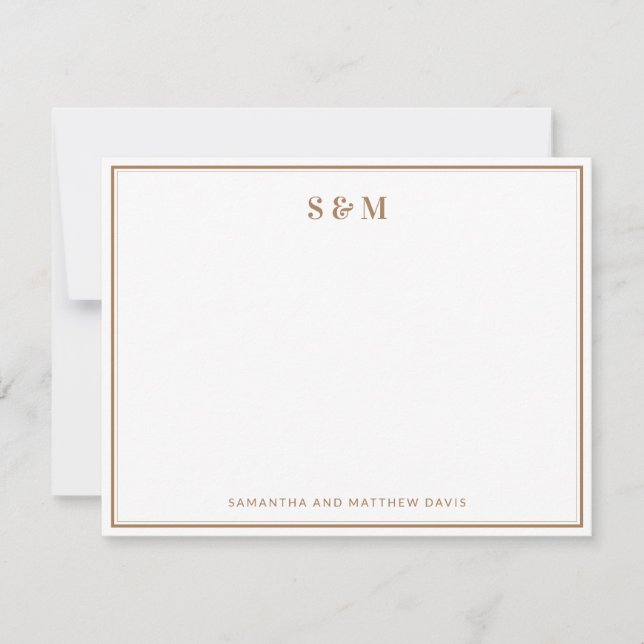 Rustic Gold Double Border Classic Elegant Monogram Note Card (Front)