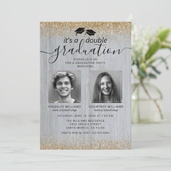 Rustic Gold Double Graduation Photo Invitation | Zazzle