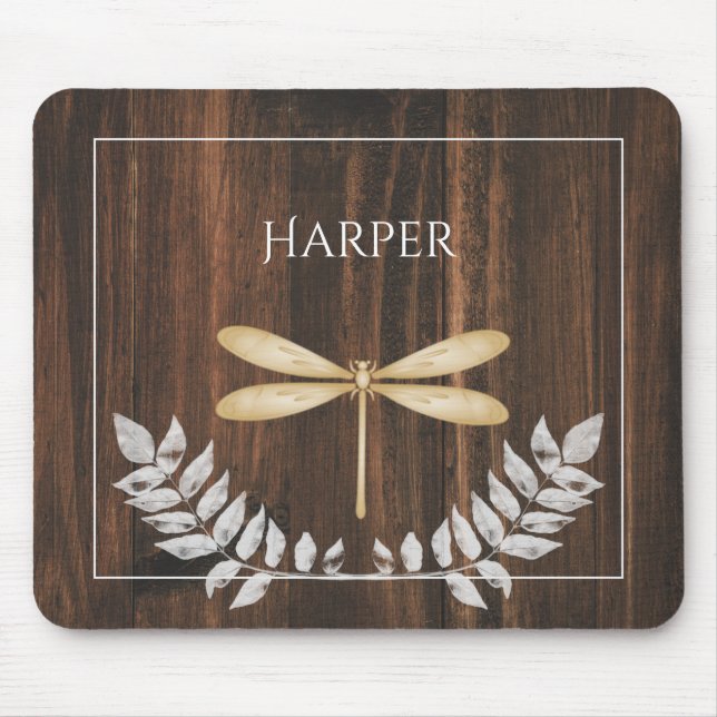 Rustic Gold Dragonfly Personalized Mouse Pad (Front)