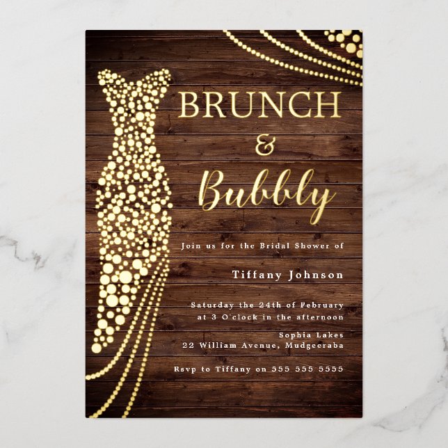 Rustic Gold Dress Bridal Shower Brunch & Bubbly Foil Invitation (Front)