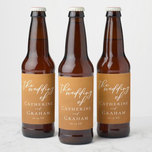 Rustic Gold Earth Tone Simple Fall Wedding Beer Bottle Label