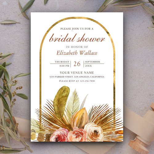 Rustic Gold Earthy Floral Arch Boho Bridal Shower Invitation