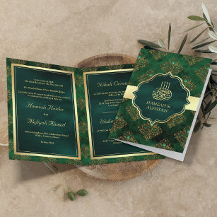 Rustic Gold Emerald Green Damask Muslim Wedding Invitation