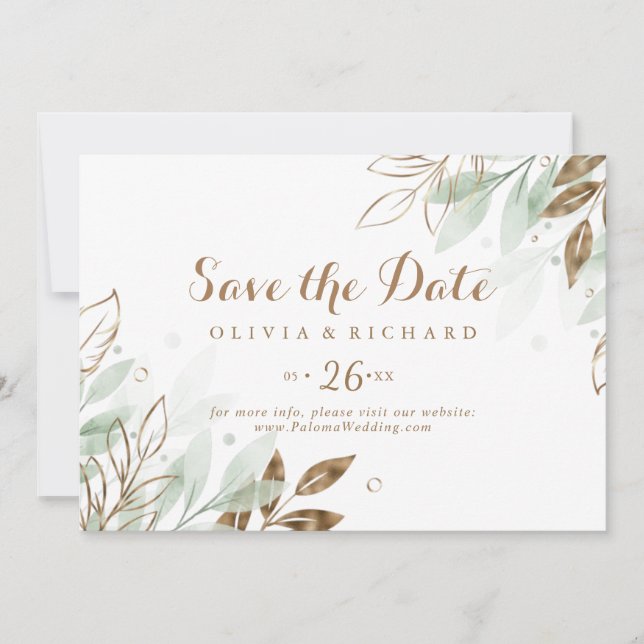 Rustic Gold Eucalyptus Modern Calligraphy Wedding Save The Date (Front)