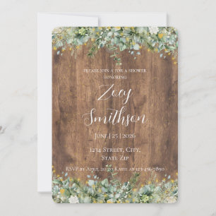 Rustic Gold Eucalyptus & White Floral Wood Bridal Invitation