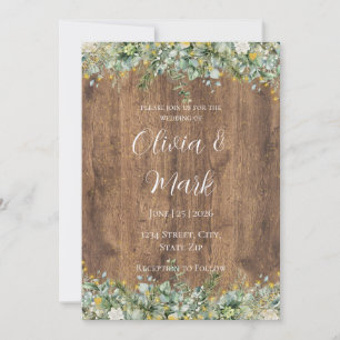 Rustic Gold Eucalyptus & White Floral Wood Wedding Invitation