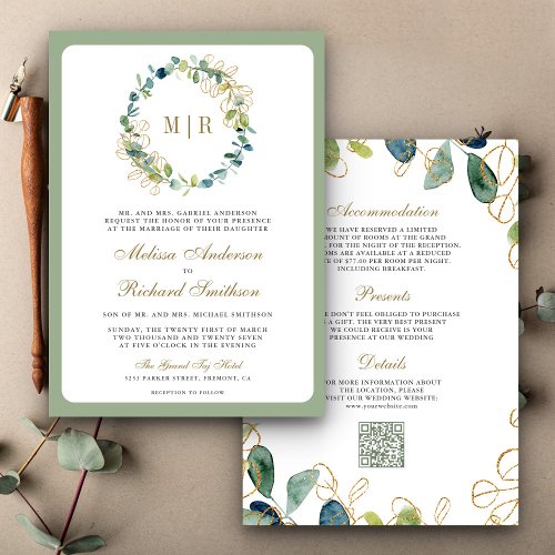 Rustic Gold Eucalyptus Wreath QR Code Wedding Invitation