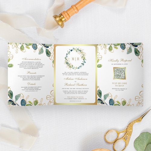 Rustic Gold Eucalyptus Wreath QR Code Wedding Tri_Fold Invitation
