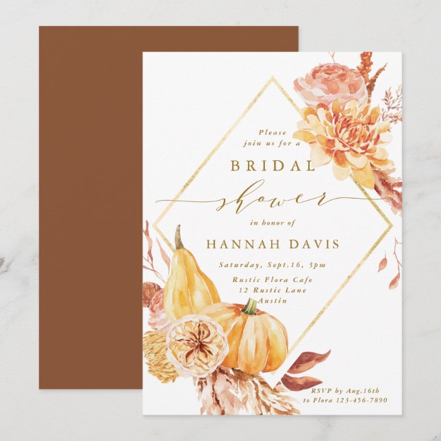 Rustic Gold Fall Floral Pumpkin Bridal Shower Invitation (Front/Back)