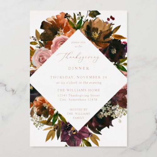 Rustic Gold Fall Floral Thanksgiving S2 Foil Invitation