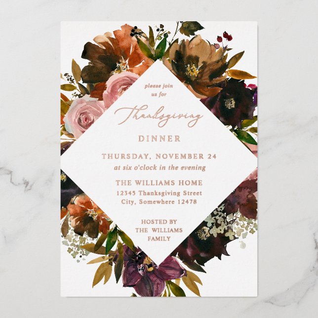 Rustic Gold Fall Floral Thanksgiving S2 Foil Invitation (Front)